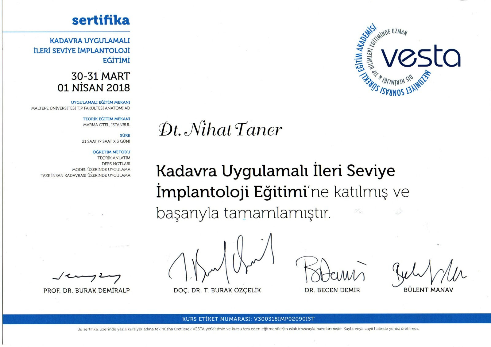Kadavra Uygulamalı İleri Seviye İmplantoloji Eğitimi — 21 saat